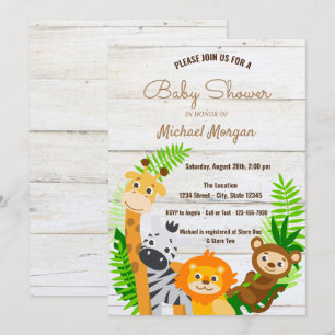 Invitation Animaux de la Forêt, Texture de Bois, Baby Shower 