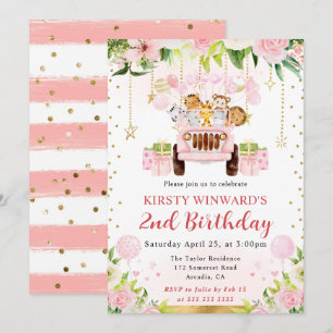 Invitation Animaux de la jungle rose aquarelle pour l'anniver