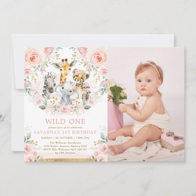 Invitation Animaux de la jungle rose floue sauvage Un anniver (Devant)