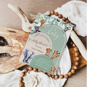 Invitation Animaux de la Jungle Vert Baby Shower Bohème