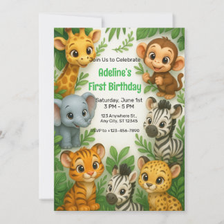 Invitation Animaux de la Jungle Whimsical Un 1er anniversaire