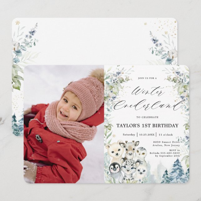 Invitation Animaux de l'Arctique Photos de l'Anniversaire de  (Devant / Derrière)