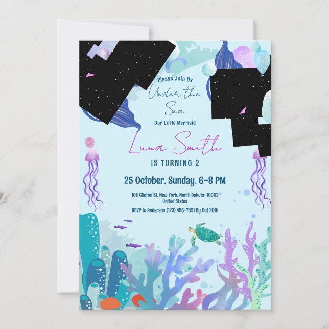 Invitation Animaux de mer Thème Anniversaire Fête de Fille Si (Devant)
