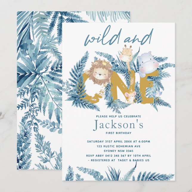 Invitation Animaux de Safari Exotiques Premier Anniversaire (Devant / Derrière)