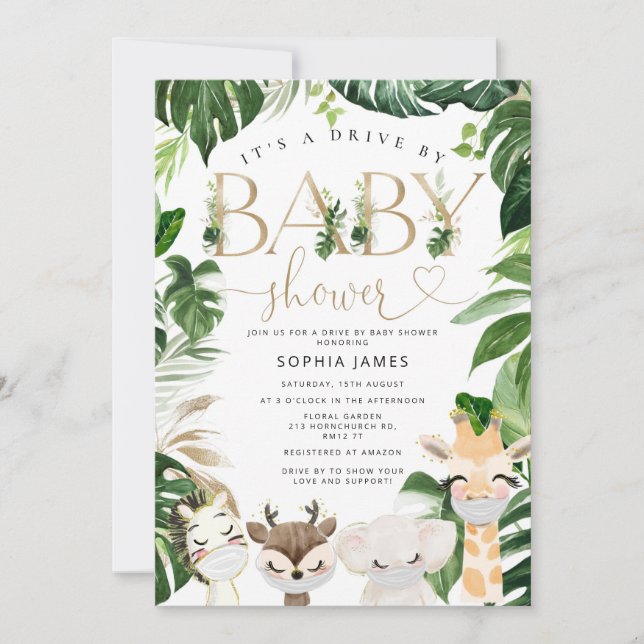 Invitation Animaux de Safarin à fask Drive by baby shower (Devant)