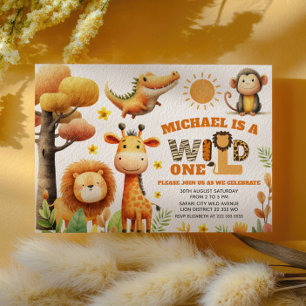 Invitation Animaux de ZOO mignons Safari « WILD ONE » 1er Ann