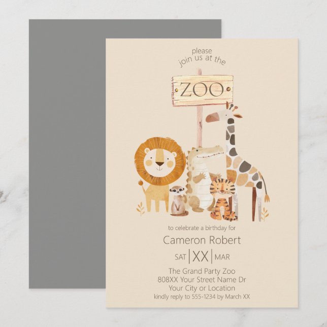 Invitation Animaux de zoo mignons sur fond beige (Devant / Derrière)