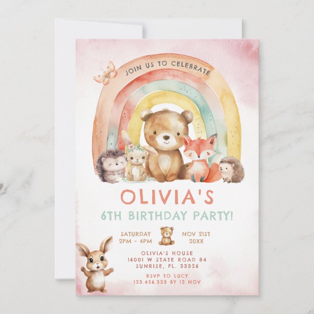 Invitation Animaux des bois Arc-en-ciel Floral Anniversaire (Devant)