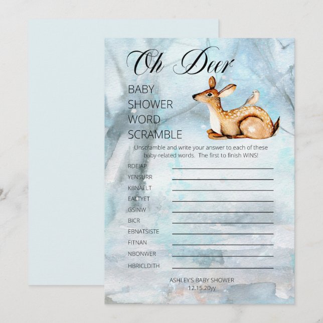 Invitation Animaux des bois Baby shower d'hiver Mot Scramble (Devant / Derrière)