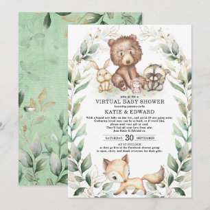 Invitation Animaux des bois Baby shower virtuel Verdure Or