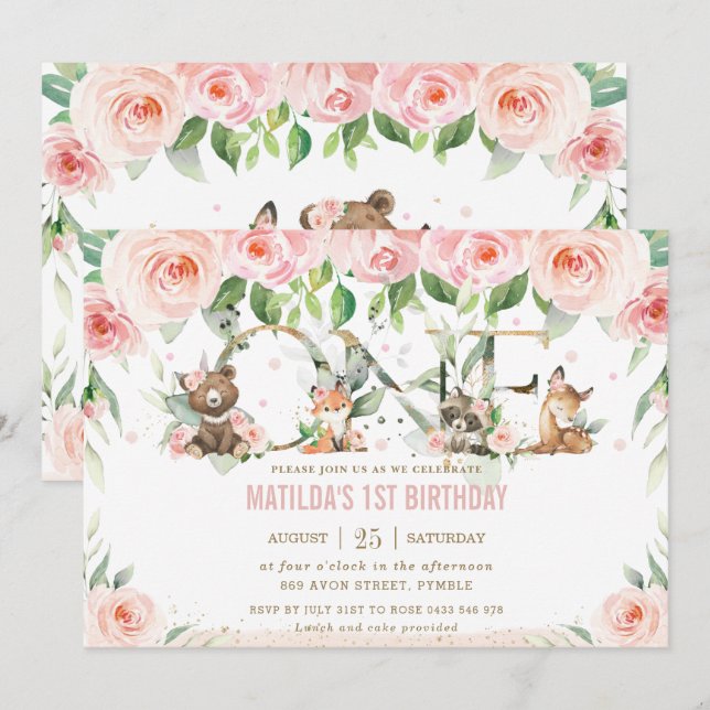 Invitation Animaux des bois Blush Floral Un 1er anniversaire (Devant / Derrière)