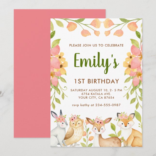 Invitation Animaux des bois Floral 1er anniversaire (Devant / Derrière)
