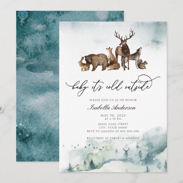 Invitation Animaux des bois Hiver Froid à l'extérieur du Baby (Devant / Derrière)