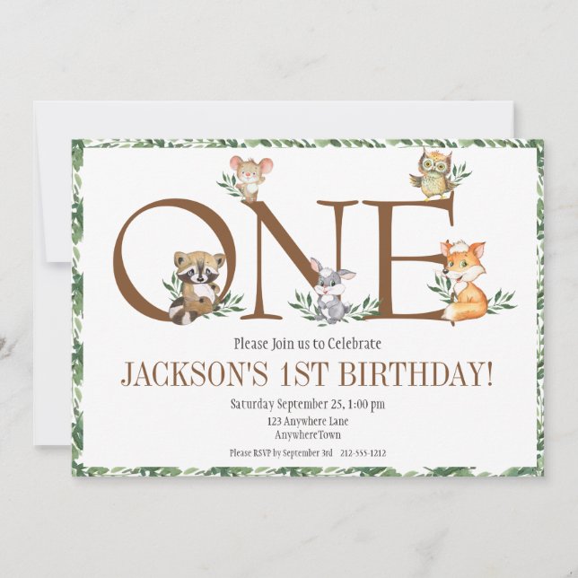 Invitation Animaux des bois Premier anniversaire Végétation (Devant)