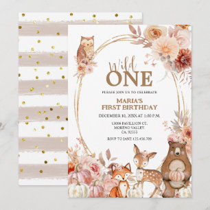 Invitation Animaux des bois Un automne Fleur 1er anniversaire