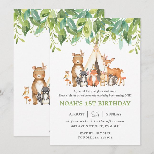 Invitation Animaux des forêts tribales 1er anniversaire de ve (Devant / Derrière)