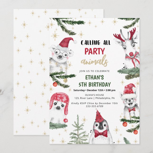 Invitation Animaux d'hiver Anniversaire Noël drôle (Devant / Derrière)