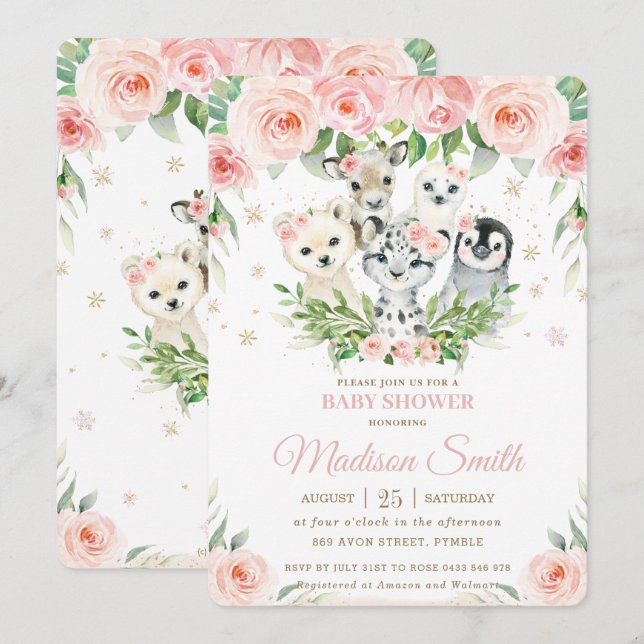 Invitation Animaux d'hiver Baby shower floral flush arctique (Devant / Derrière)