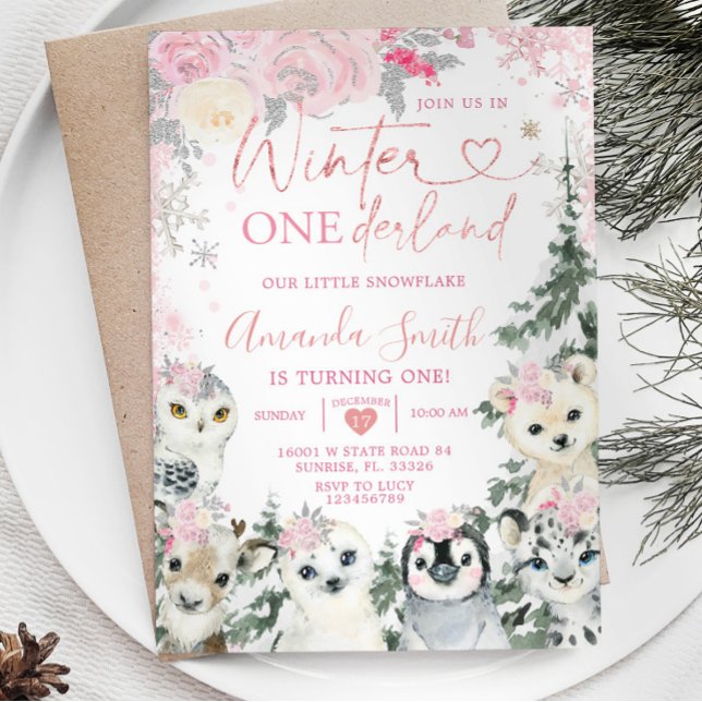 Invitation Animaux d'hiver roses Onederland Flocon de neige A (Créateur téléchargé)