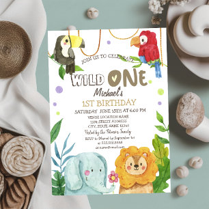 Invitation Animaux Éléphant Lion Oiseaux Feuilles 1er Anniver