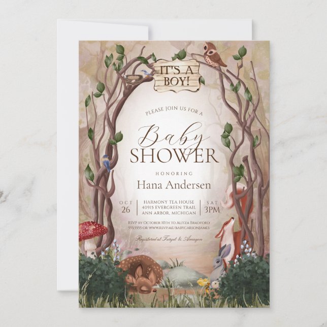 Invitation Animaux forestiers Baby shower Whimsical (Devant)