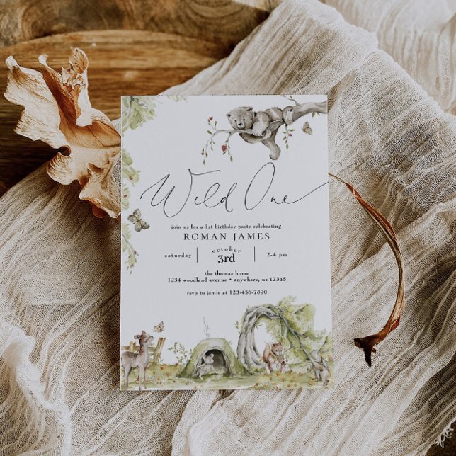 Invitation Animaux forestiers de bois Premier anniversaire (Créateur téléchargé)