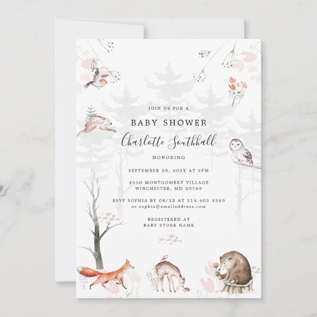 Invitation Animaux forestiers Script Baby shower moderne (Devant)