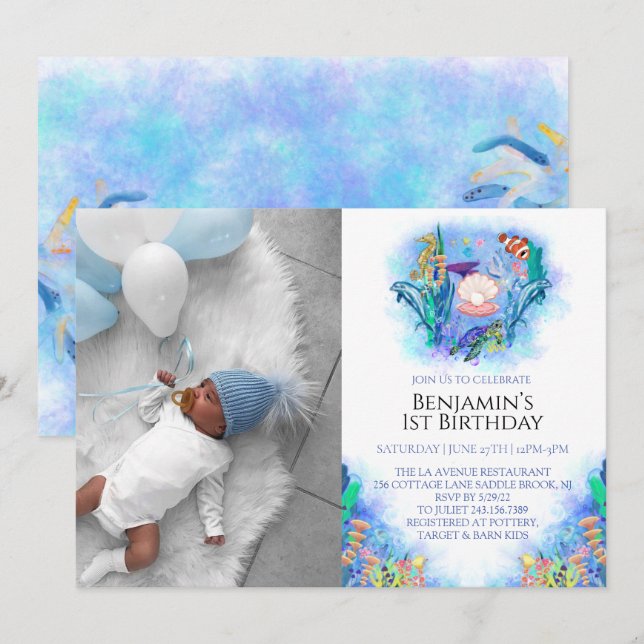 Invitation Animaux marins 1er anniversaire (Devant / Derrière)