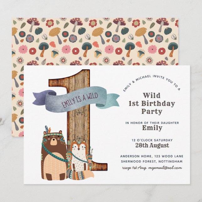 Invitation Animaux rustiques de bois 1er fête d'anniversaire  (Devant / Derrière)