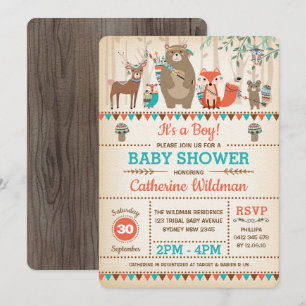 Invitation Animaux rustiques de forêt de baby shower tribal