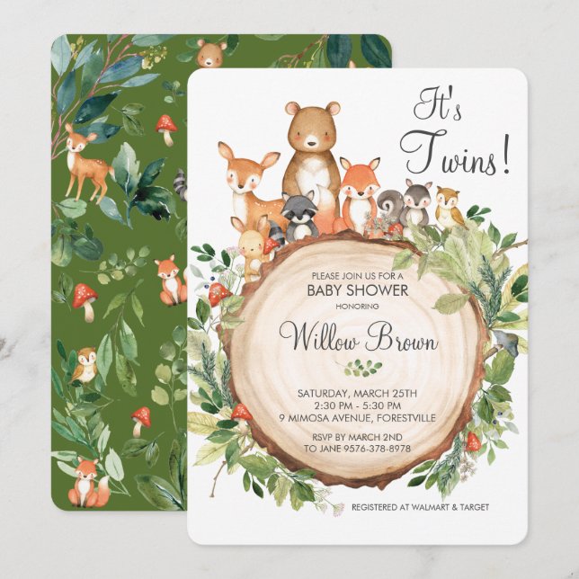 Invitation Animaux rustiques en bois Baby shower jumeaux Garç (Devant / Derrière)