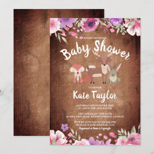 Invitation Animaux rustiques en bois Baby shower rose floral