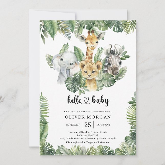 Invitation Animaux Safari Végétation tropicale Baby shower Ga (Devant)