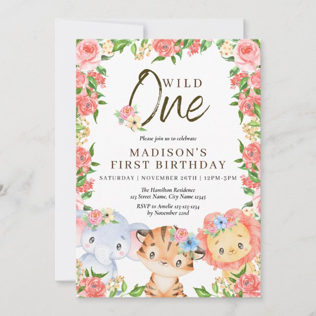 Invitation Animaux sauvages Fleurs roses Anniversaire (Devant)