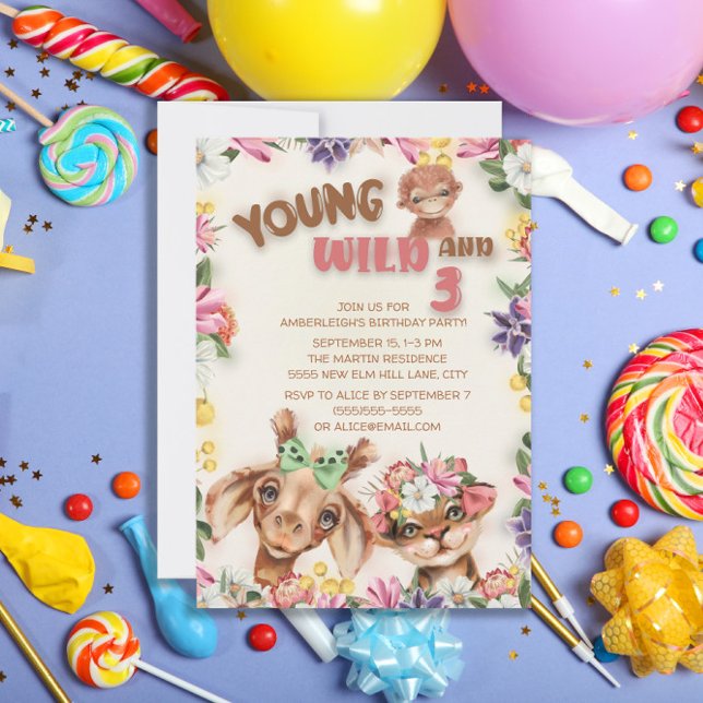 Invitation Animaux sauvages Jeune Trois Fille sauvage 3e anni (Créateur téléchargé)