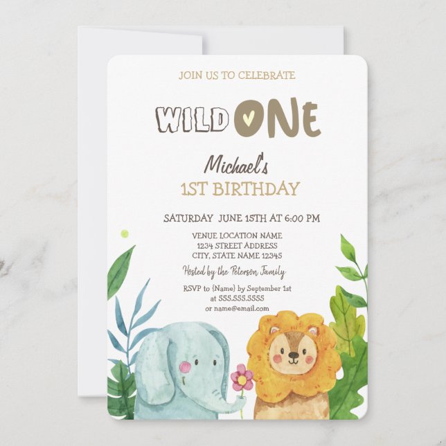 Invitation Animaux sauvages Lion éléphant Feuilles 1er annive (Devant)