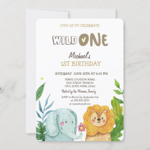 Invitation Animaux sauvages Lion éléphant Feuilles 1er annive