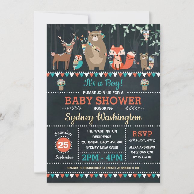 Invitation Animaux tribaux de forêt de Boho de baby shower de (Devant)