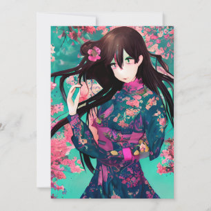 Invitation Anime fille en Arrière - plan rose avec coucher de