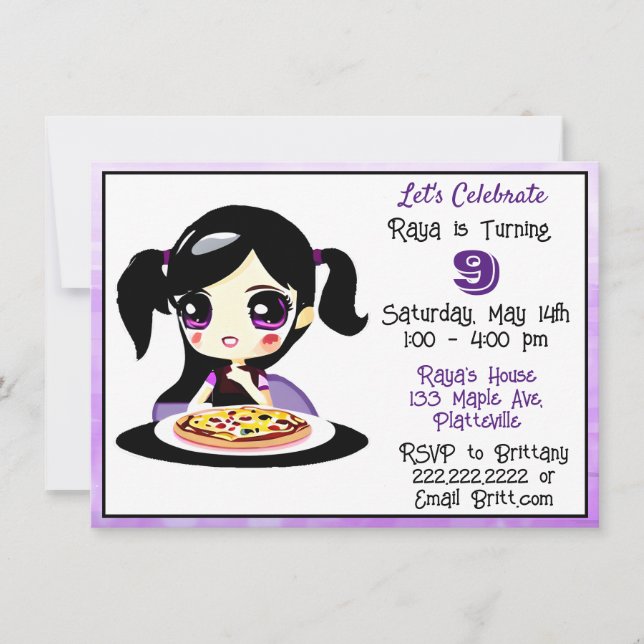 Invitation Anime Gaming Girl Anniversaire Pizza Party (Devant)