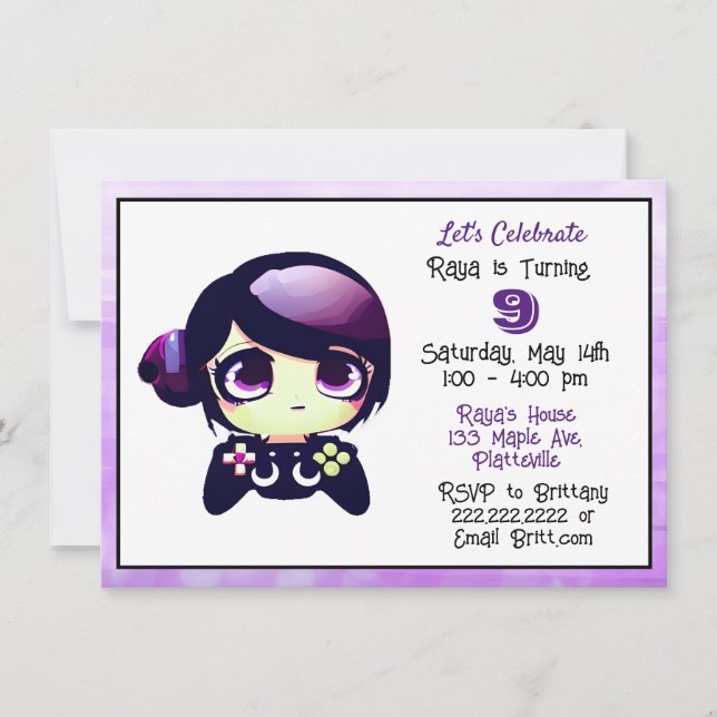 Invitation Anime Gaming Girl Purple and Black Kid's Birthday (Devant)