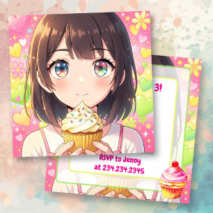 Invitation Anime Girl et gâteau d'anniversaire  