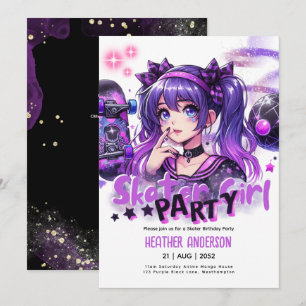 Invitation Anime Skater Girl Anniversaire Fête Skateboard