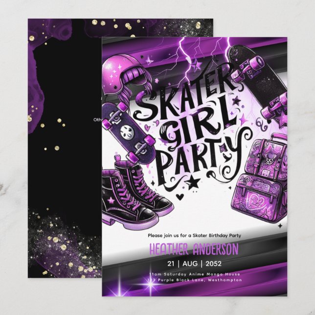 Invitation Anime Skater Girl Birthday Party Skateboard (Devant / Derrière)