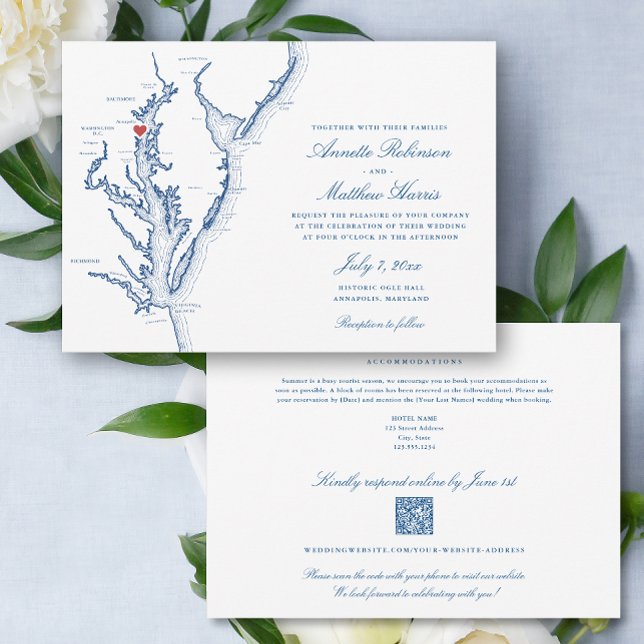 Invitation Annapolis Maryland all-in-one QR code RSVP Mariage (Annapolis Maryland Elegant QR Code RSVP all-in-one wedding invitation with elegant navy blue map)
