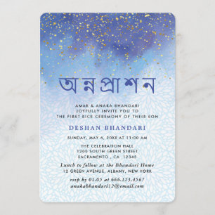 Invitation Annaprashan Moderne Bleu Et Or