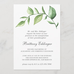 Invitation Annaprashan rustique vert Sprig genre neutre
