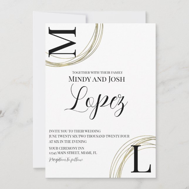 Invitation Anneaux Abstraits Faux Gold Black Script Mariage (Devant)