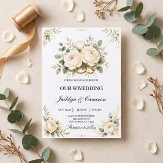 Invitation Anneaux de mariage élégants blancs floraux et or