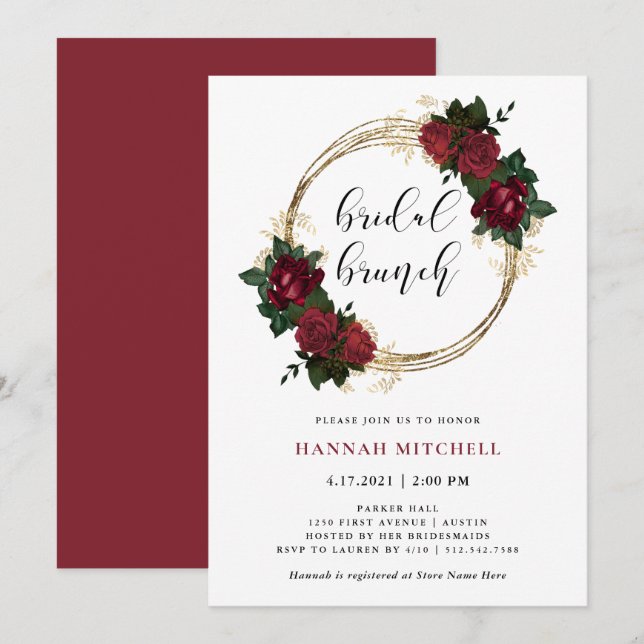 Invitation Anneaux d'or et roses rouges | Brunch nuptial (Devant / Derrière)